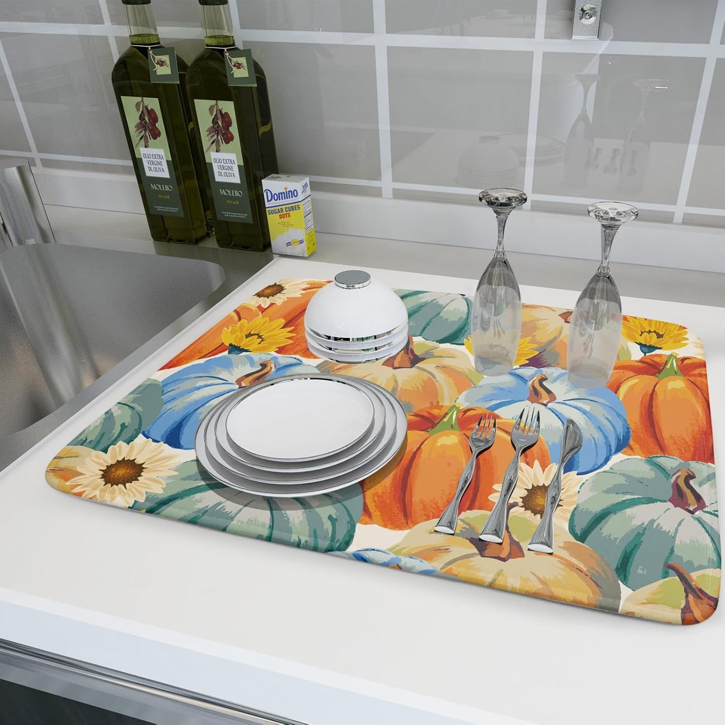 Giwawa Fall Dish Drying Mat 18"x24" Watercolor Autumn Teal Blue Orange Pumpkins Sunflowers Dish Drainer Mats Large Thanksgiving Harvest Microfiber Dish Drying Pad Kitchen Countertop Decor