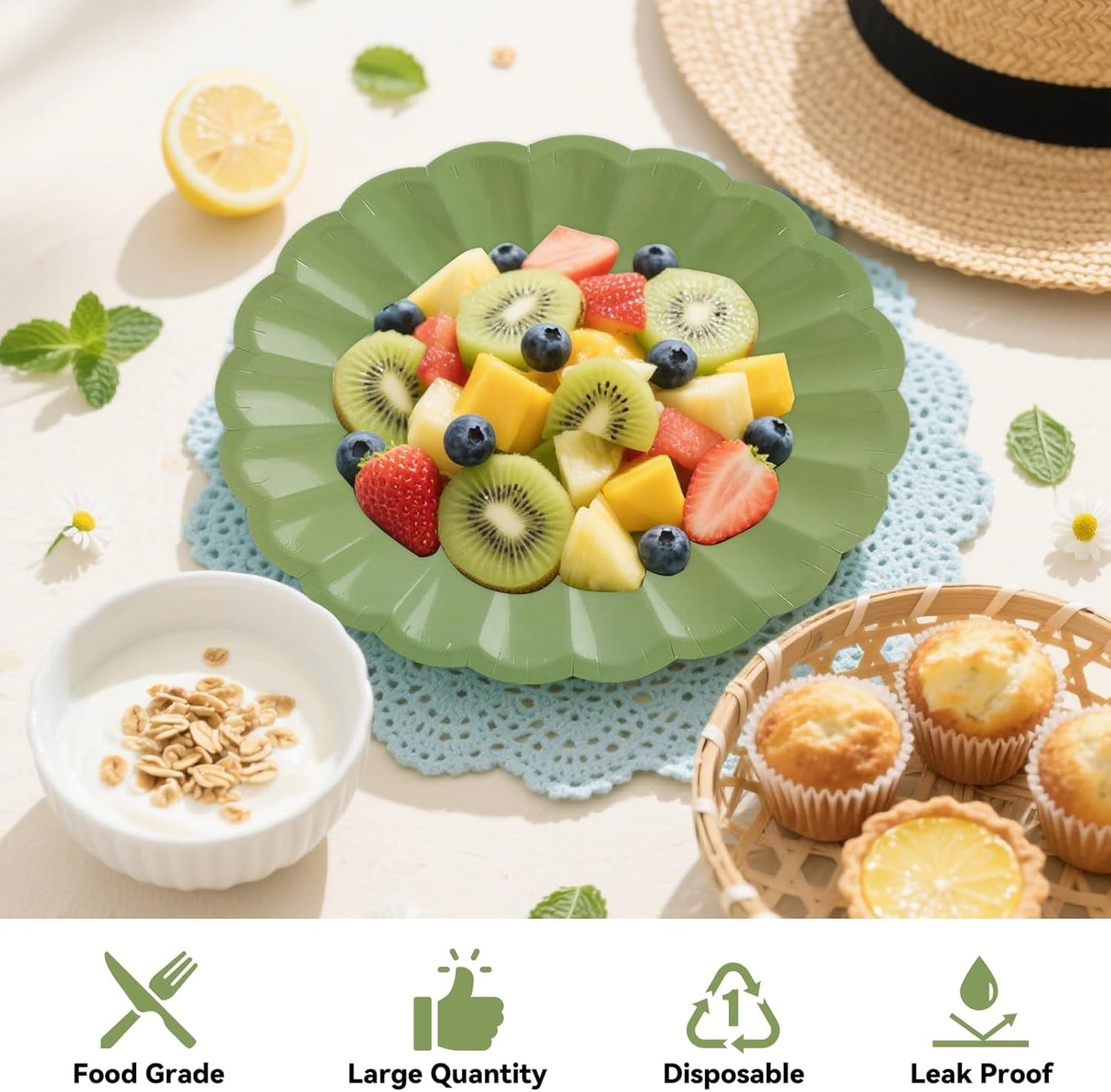 50Pcs Large Scalloped Sage Green Paper Plates 9Inch Shell Edge Dinner Plates for Cake Salad Fruit Disposable Dinner Serving Plates for Birthday Wedding Baby Shower Party Decorations