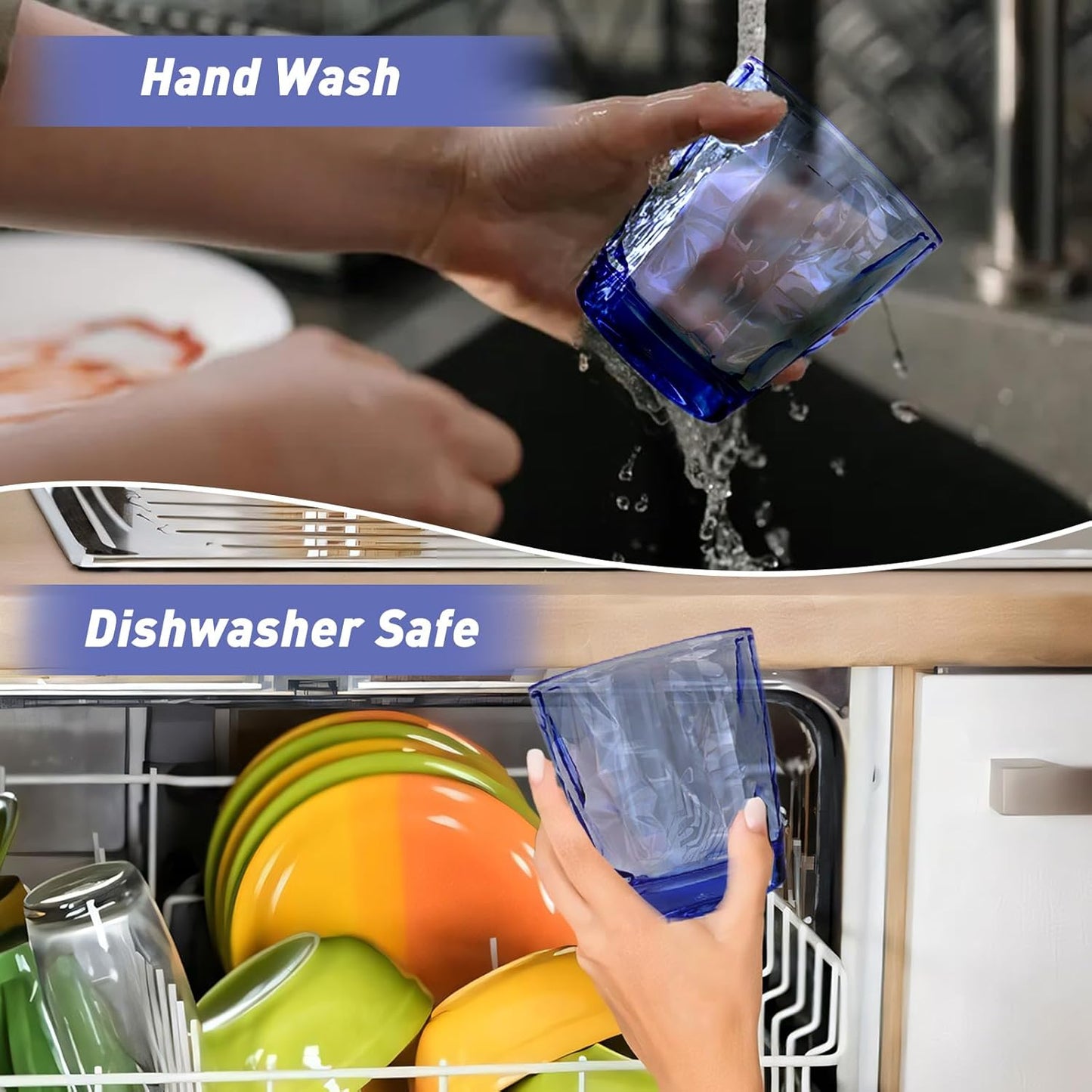 Plastic Glassware Tumbler Dishwasher Safe, Set of 4 Unbreakable Drinking Glasses, 10.5oz Reusable Acrylic Cups for Everyday Use (Blue)