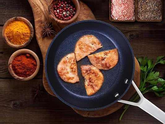 MsMk Non stick frying pan set with lid Blue, 12-inch Durable skillet, Titanium and Diamond Non Stick Non-Toxic Coating From USA, Even Heating, Easy Clean-Up, Comfort Handle, Induction Compatibility