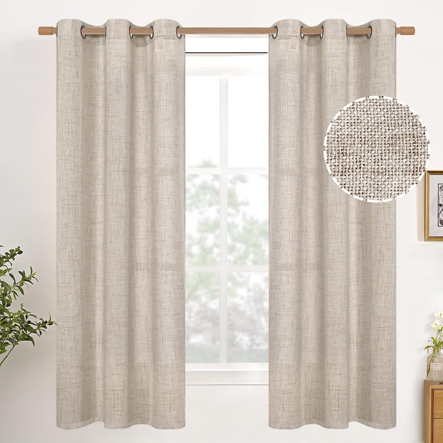 YoungsTex Natural Linen Curtains 38 Inch Width for Window Light Filtering Curtain Drapes 63 Inch Length with Bronze Grommet Privacy for Short Living Room Bedroom, 2 Panels
