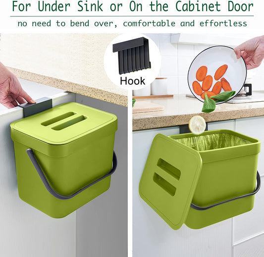 LALASTAR 1.8 Gallon Hanging Trash Can, Green, Plastic, Compost Bin Indoor Kitchen Sealed, Small Trash Can with Lid, Mountable