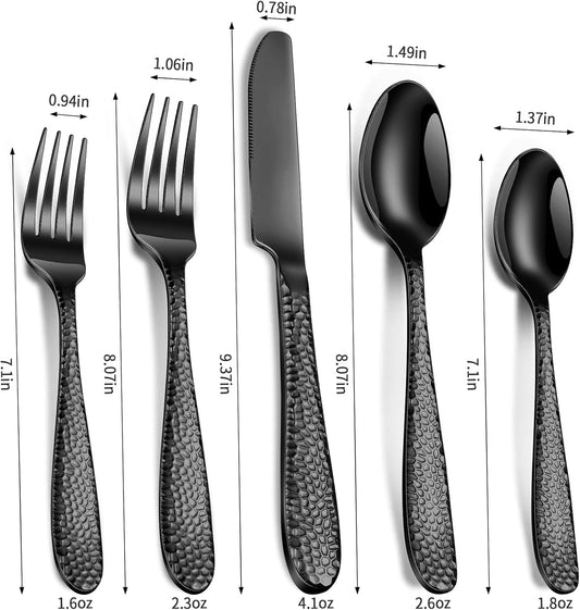 Black Hammered Silverware Set, 20-Piece Heavy Duty Stainless Steel Flatware Sets for 4, Food-Grade Cutlery Set for Home Restaurant, Mirror Polished, Dishwasher Safe