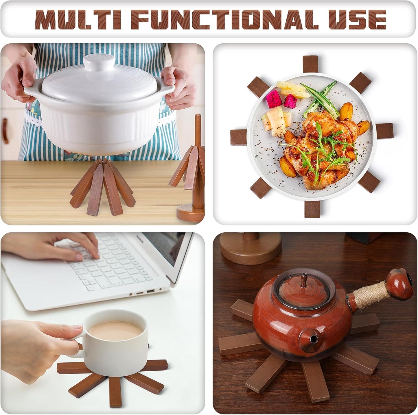 Tree Coasters Set of 3 - Wooden Trivets for Hot Dishes, Trivet Tree for Hot Pads, Trivet Mats Foldable Heat Resistant Pads Multifunctional Ornaments for Teapot Pans Kitchen Table (Walnut)