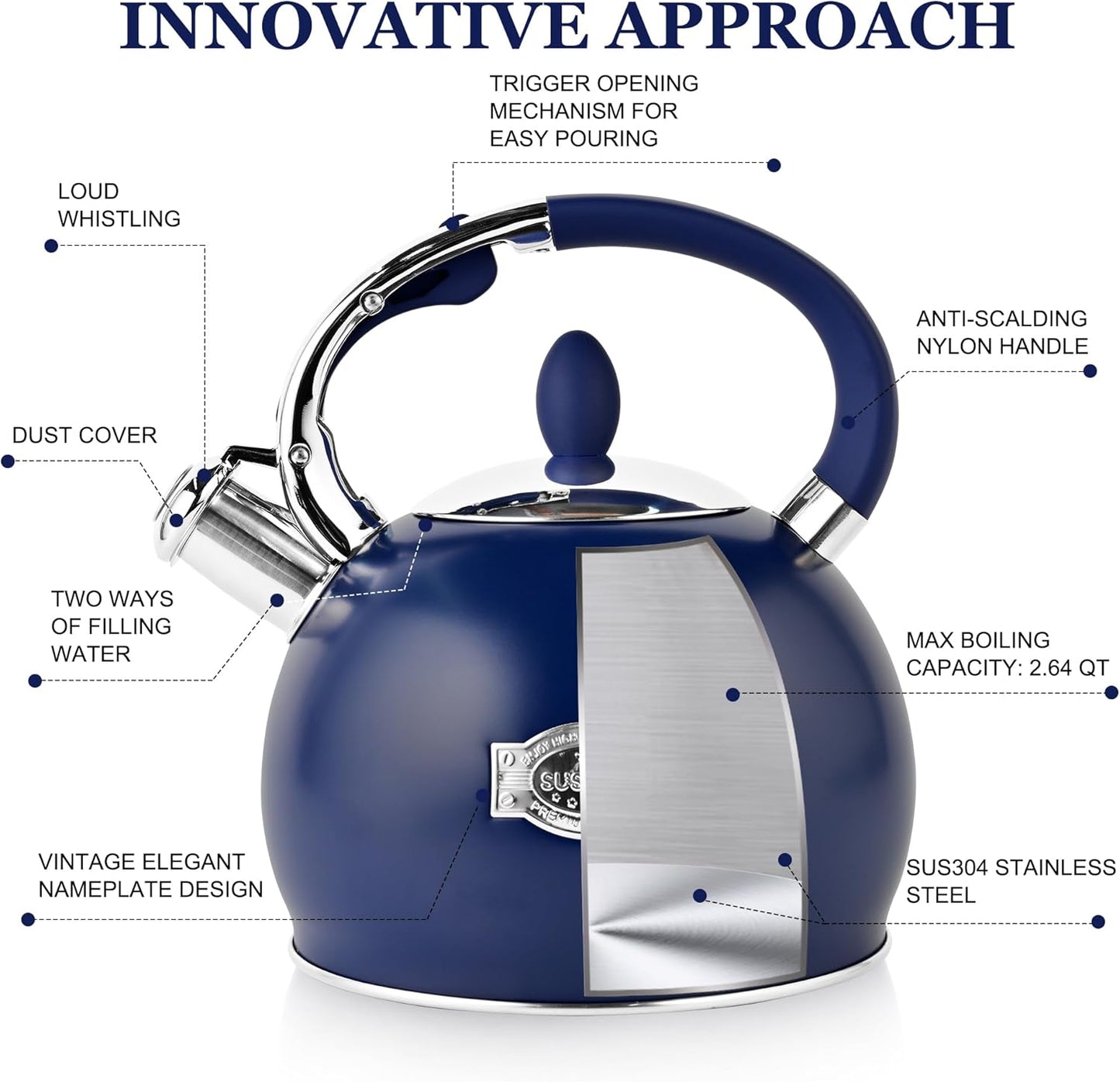 SUSTEAS Stove Top Whistling Tea Kettle - Food Grade Stainless Steel Teakettle Teapot with Cool Touch Ergonomic Handle, With 1 Silicone Pinch Mitt Included, 2.64 Quart,NAVY BLUE