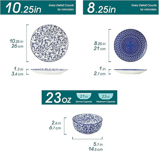vancasso SELENE Plates and Bowls Set for 4, 12 Pieces Dinnerware Sets, Mircowave and Dishwasher Safe Dishes Set, Porcelain Blue Dinnerware