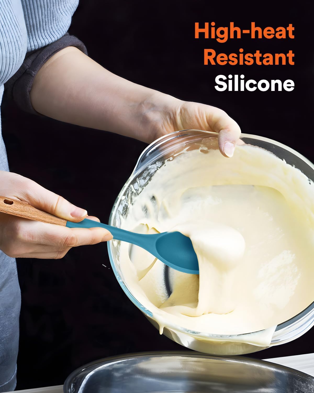 Large Silicone Cooking Spoons, Nonstick Solid Wooden Handle Spoon, Heat Resistan Silicone Kitchen Spoons for Cooking, Serving, Basting, Mixing, 13.2inch (BLUE)