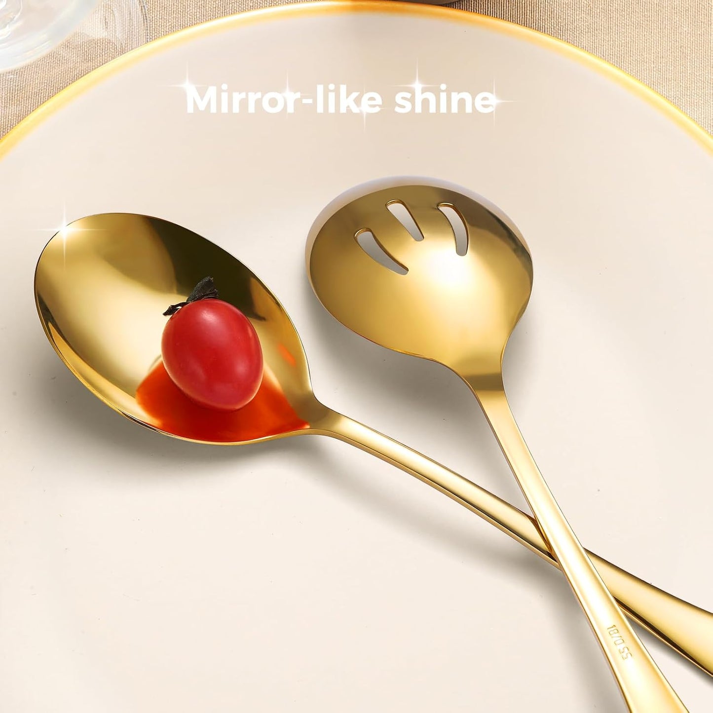 Stainless Steel Serving Spoons Set, 8pc, 10-Inch, Includes 4 Large, 4 Slotted, for Parties/Kitchen/Buffet/Catering, Dishwasher Safe, Gold