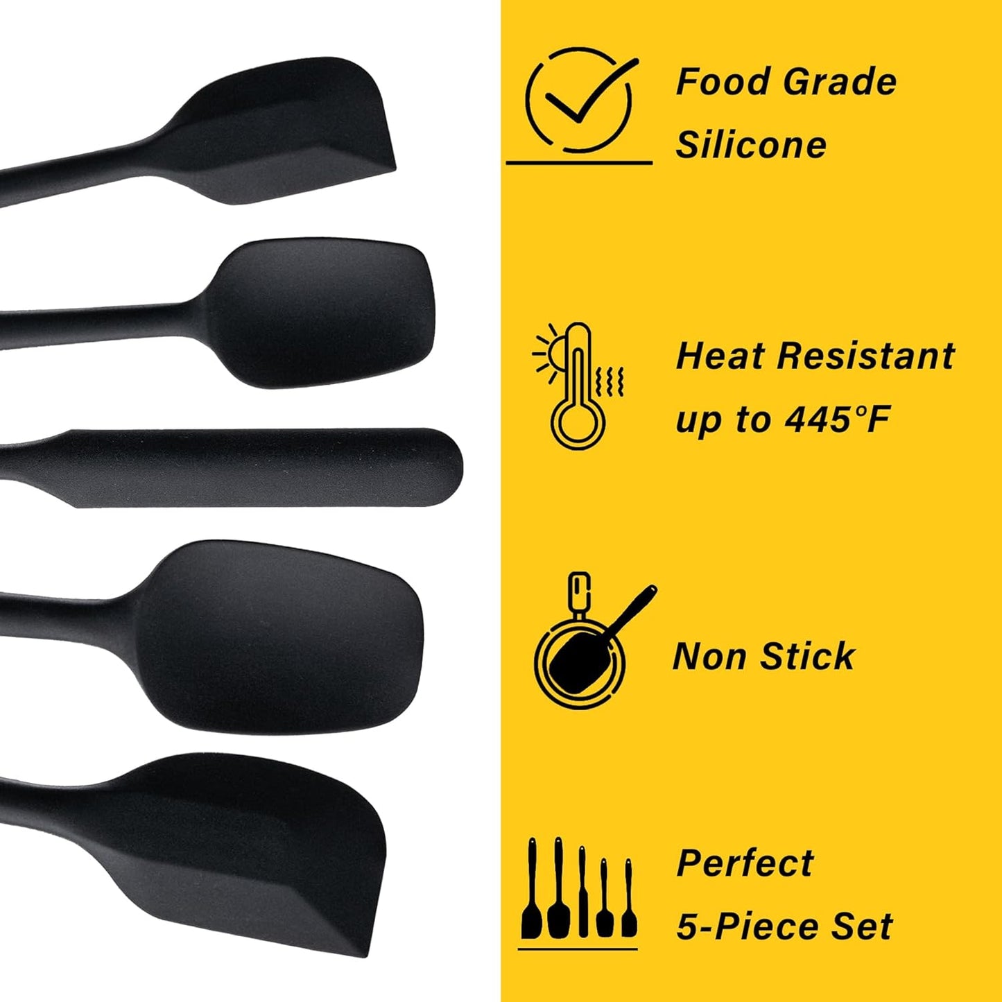 Silicone Spatula Set, 5 Piece Food Grade Rubber Spatulas for Baking, Cooking, and Mixing High Heat Resistant Non Stick Dishwasher Safe BPA-Free (Black)