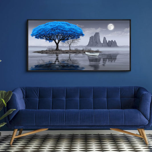 XLSJERST Wall Art for Living Room - Black and White Blue tree Moon Canvas Wall Decor for Home artwork Painting 48x24 Inches Canvas Print for Bedroom Decor Modern Salon Kitchen Office Hang a Picture