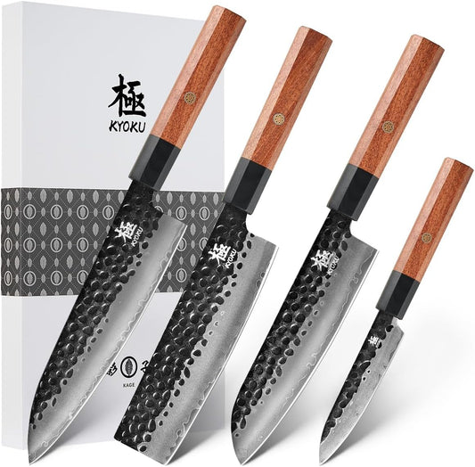 KYOKU 4pc Knife Set, Kage Series Japanese Kitchen Knife Set with Chef Utility Santoku Nakiri Knife, Professional Japanese Knives for Chopping Slicing Mincing with Sheaths & Gift Box
