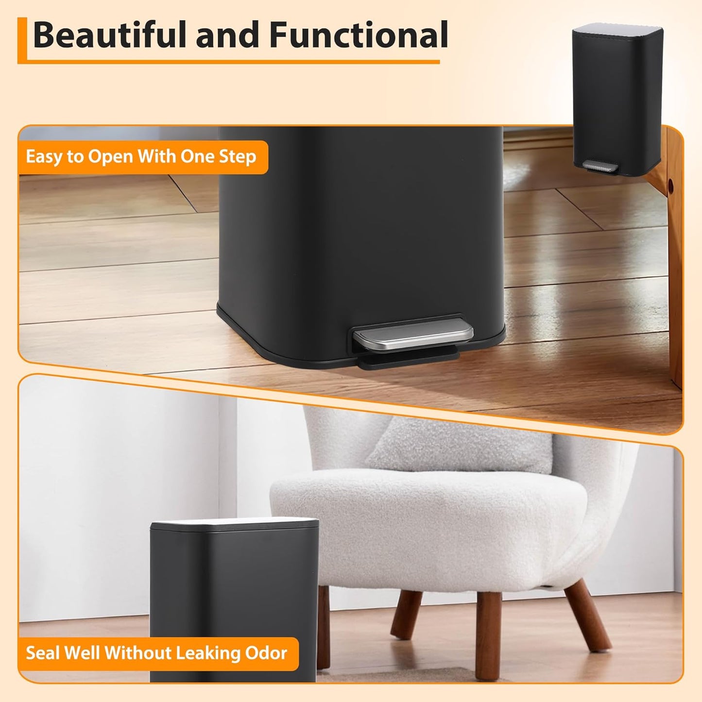 Kitchen Trash Can, 8 Gallon Stainless Steel Garbage Can with Lid, Step-On Pedal and Inner Bucket, Rectangular Trash Can for Home Kitchen Office Living Room (30 L, Black)