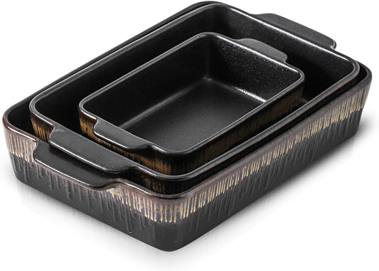 Bakeware Set, Ceramic Baking Dish, Rectangular Baking Pans Set, Casserole Dish for Cooking, Cake Dinner, Kitchen 9 x 13 Inches, 3-Piece, Stripe Series (Rough Black)
