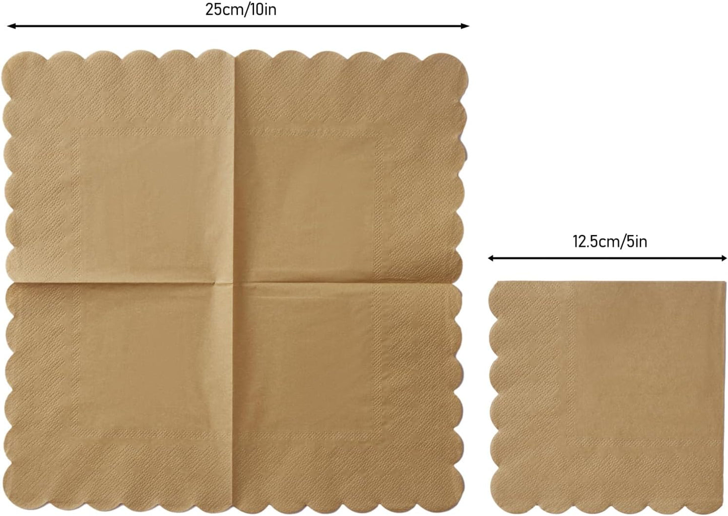 100 Pack Cocktail Napkin 2-Ply Scalloped Edged Dessert Napkins Folded 5 x 5 Inches Disposable Napkins for Dinner Wedding Birthday Party Bridal Anniversary Reception Event (Brown)