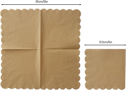 100 Pack Cocktail Napkin 2-Ply Scalloped Edged Dessert Napkins Folded 5 x 5 Inches Disposable Napkins for Dinner Wedding Birthday Party Bridal Anniversary Reception Event (Brown)