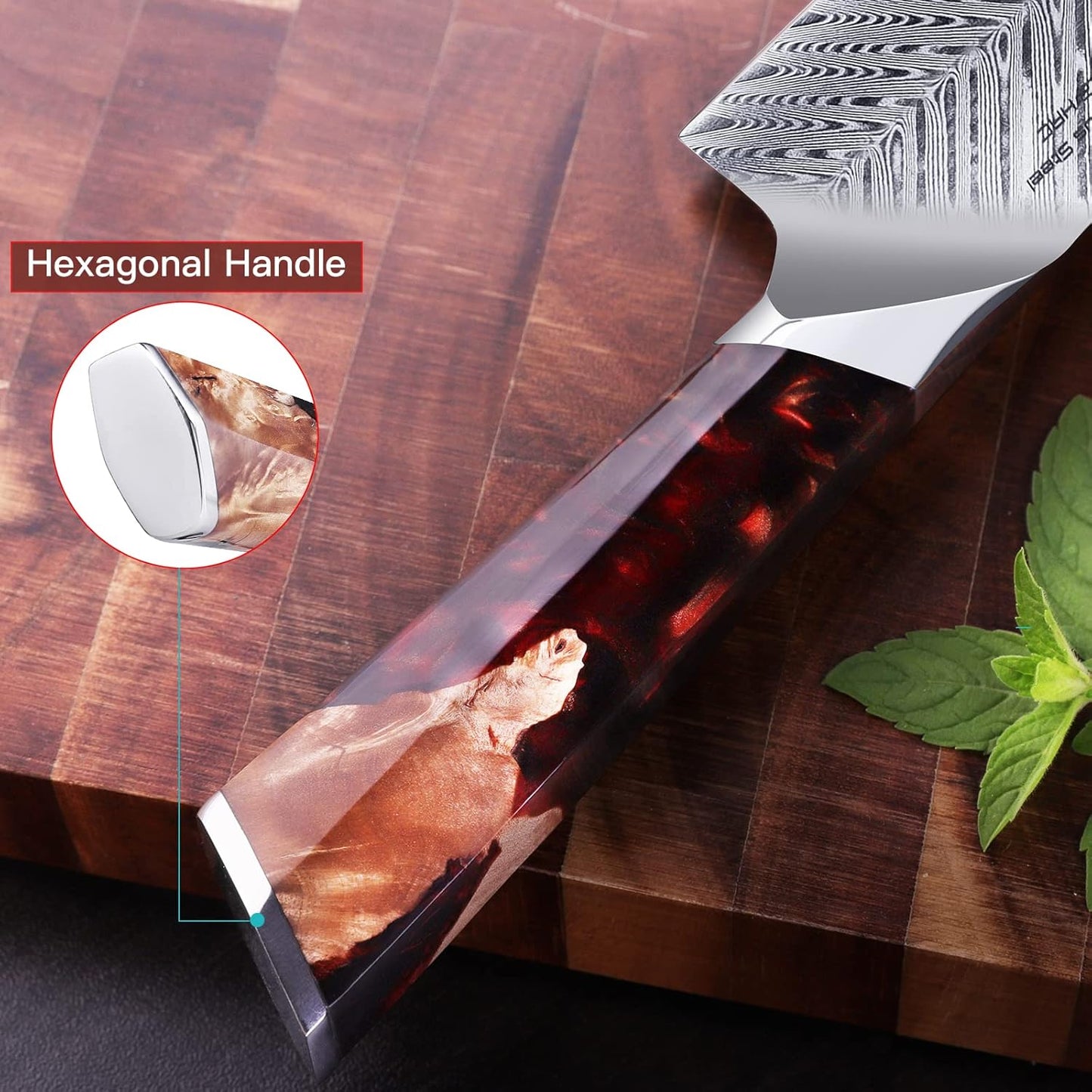 FINDKING Nebula Series Chef Knife with ABS Sheath, Multipurpose Japanese Gyuto Knife, 10Cr15CoMov Damascus Steel Blade, Resin and Figured Sycamore wood Handle, Full Tang, 8 Inch, Red, for Meat