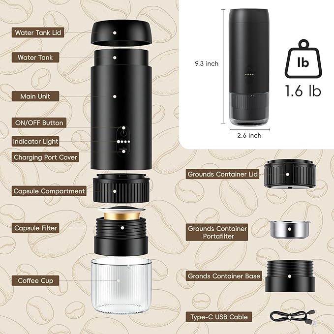 Portable Espresso Maker, 20Bar Pressure & Up to 60 Cups per Charge, Battery Operated Portable Coffee Maker, Works with Ground Coffee & Capsules, for Camping, Car, Travel, and Office Use.