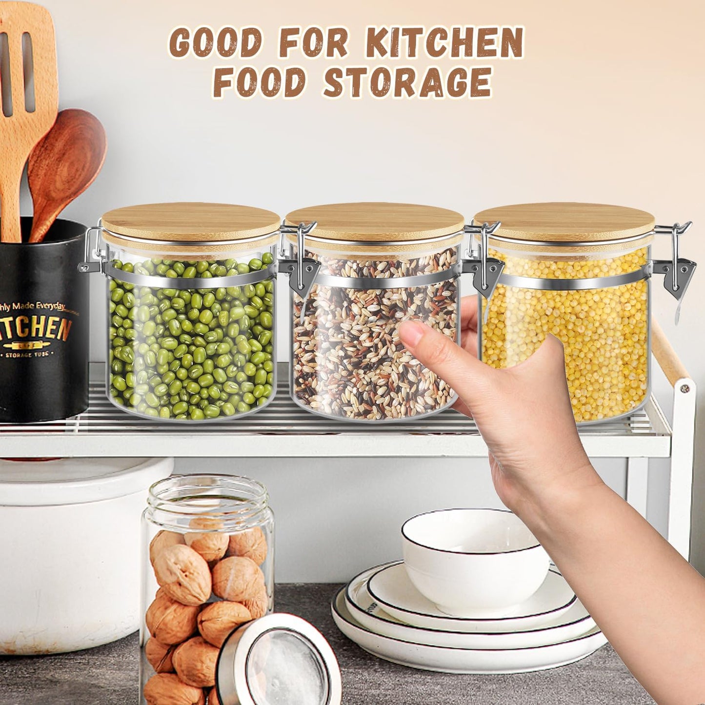 Set Of 2 Glass Jar With Bamboo Lids Empty Food Storage Jars With Locking Clamp Kitchen Canisters Glass Sealed Jar Container For Coffee Beans Sugar Tea Spices And More (550ml/18.3oz)