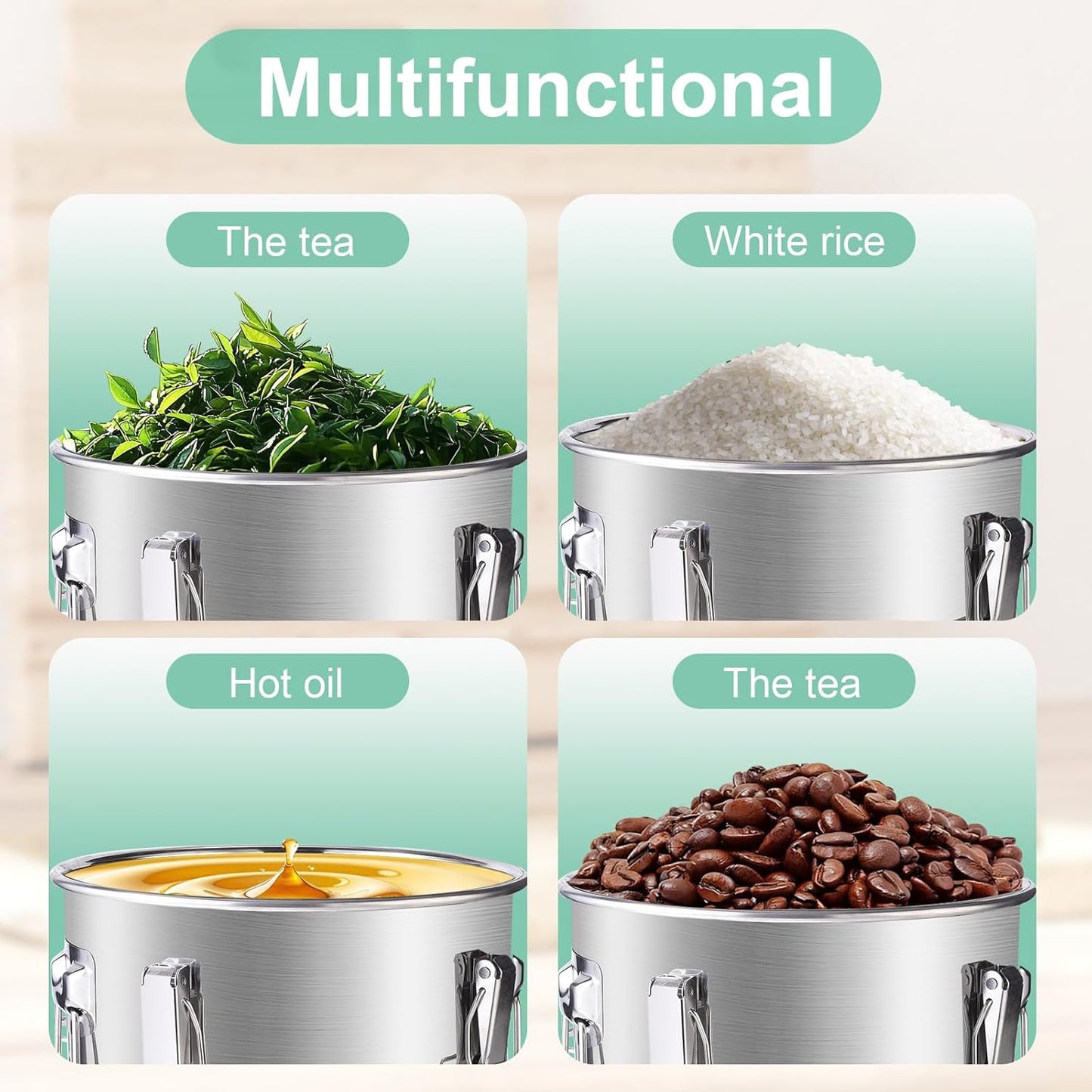 304 Stainless Steel Airtight Canister, 25lb Rice Storage Container 16L/4.2 Gal Metal Cereal Bucket Storage with Lids and 4 Locking Clamp for Bean Flour Oil Sugar Milk Coffee Canister