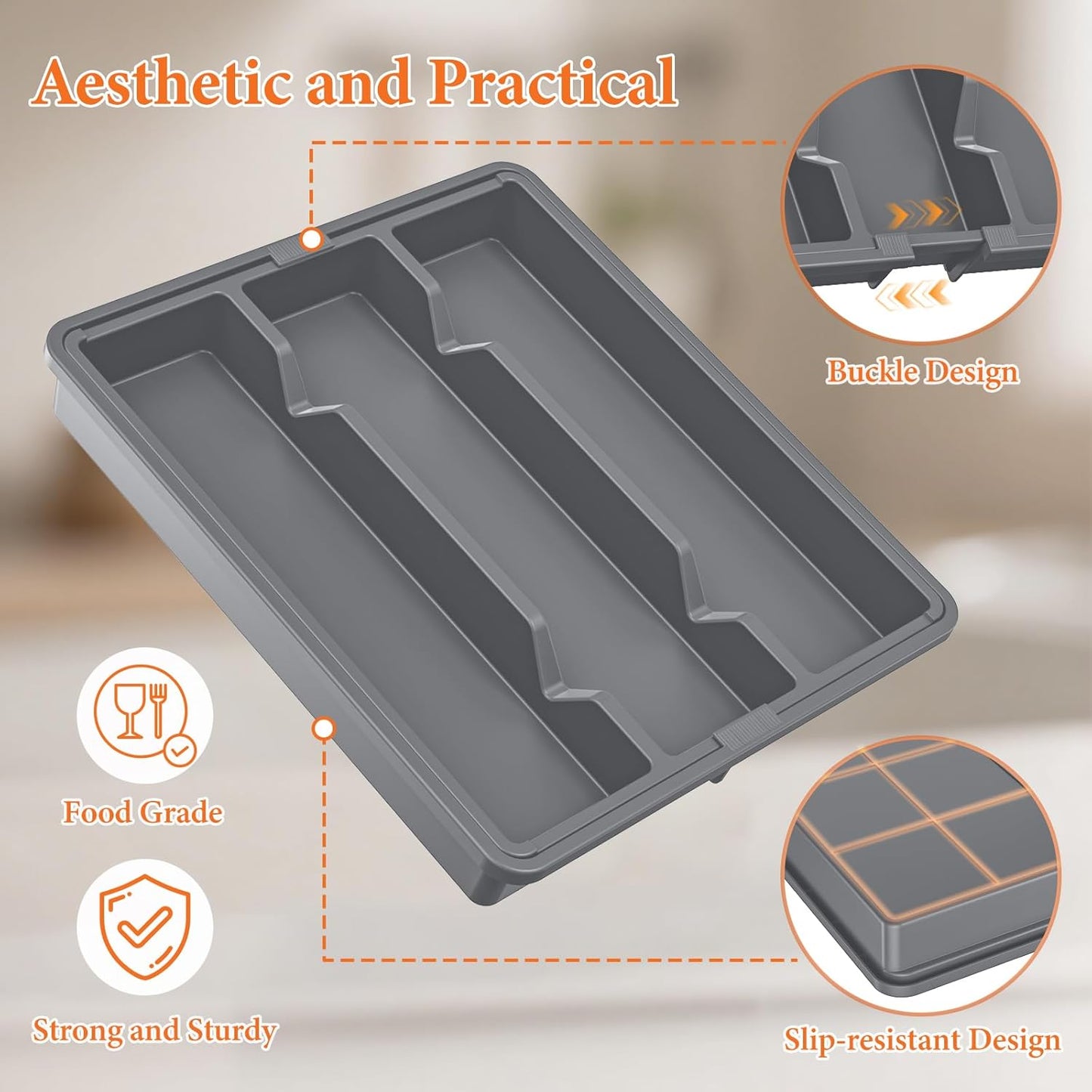 Silverware Organizer, Expandable Utensil Drawer Organizer for Kitchen Drawers, Kitchen Drawer Organizer for Spoons/Forks/Knives, Multipurpose & BPA Free Cutlery Tray, Grey, 2 Pack