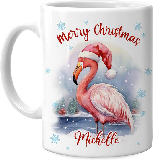 Hyturtle Personalized Gifts Flamingo Lover - Flamingo Wearing Santa Hat Custom Name Ceramic Coffee Mug Cup 11oz - Cute Animal Lovers Gifts For Women, Girl kids Family On Birthday, Christmas