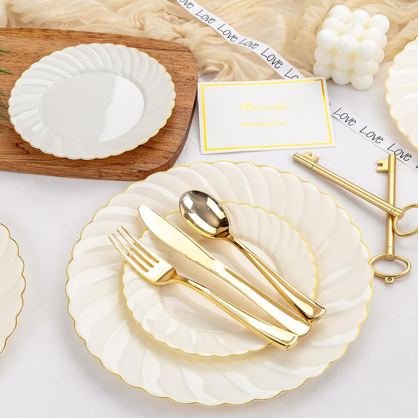 YOUBET 125PCS Scalloped Plastic Plates - Ivory Scalloped Disposable Plates - Gold Plastic Dinnerware Set Include 50 Plates, 75 Gold Silverware for Party & Wedding & Thanksgiving
