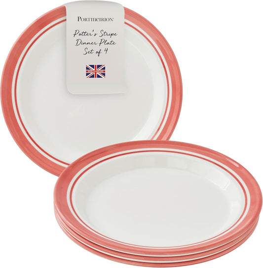 Portmeirion Potter's Striped Dinner Plate (Set of 4) - 10.5-Inch Stackable Earthenware Plates - Microwave & Dishwasher Safe, Handcrafted Dinnerware for Casual & Formal Table Settings (Red Stripe)