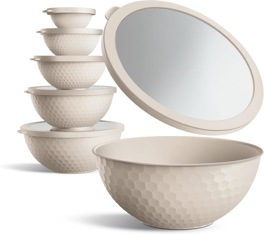 COOK WITH COLOR Mixing Bowls with Lids - 12 Piece Plastic Nesting Bowls Set includes 6 Prep Bowls and 6 Lids, Non Slip Bottom and Embossed Design - Microwave Safe (Cream)