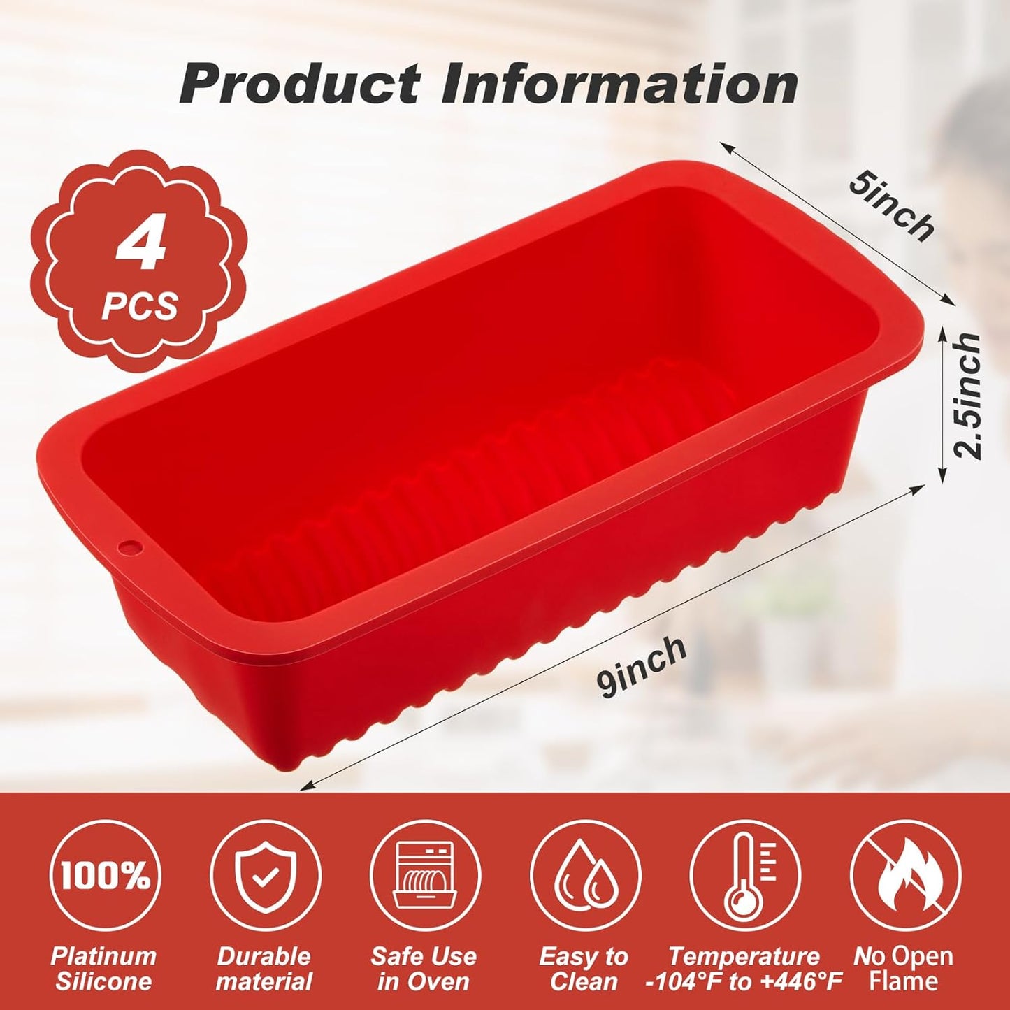 4 Pcs Silicone Bread Loaf Pan 9 x 5 Inch Rectangle Silicone Baking Molds Non Stick Mini Cake Pan, Homemade Loaf, Bread and Meatloaf, Red