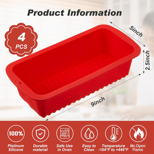 4 Pcs Silicone Bread Loaf Pan 9 x 5 Inch Rectangle Silicone Baking Molds Non Stick Mini Cake Pan, Homemade Loaf, Bread and Meatloaf, Red