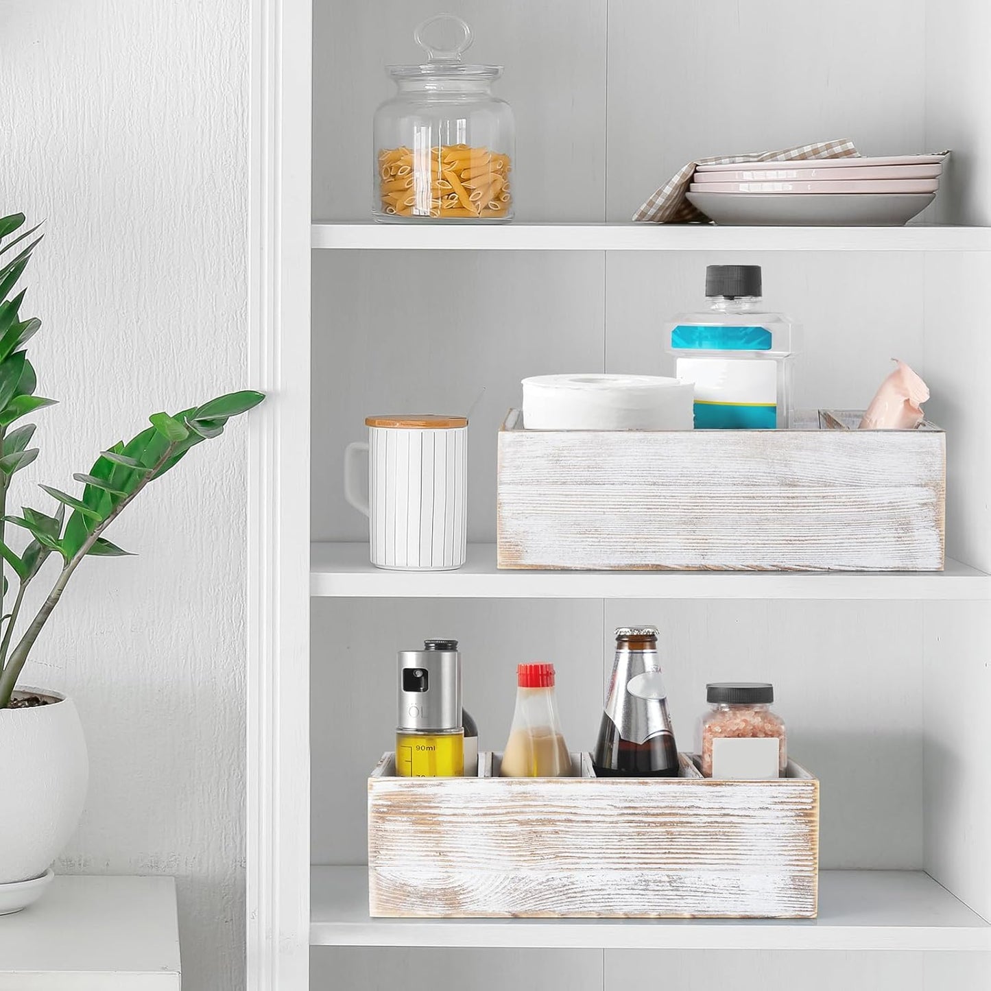 DRASTAR Pantry Organization and Storage Bins, Wooden Seasoning Packet Organizer with Removable Dividers, Retro White Storage Caddy for Kitchen, Pantry, Cabinet, Countertop