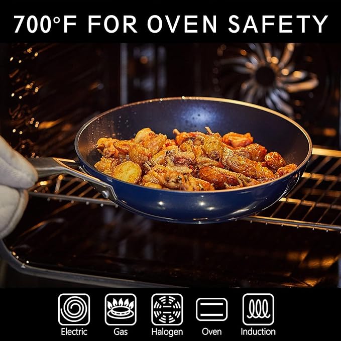 MsMk Non stick frying pan set with lid Blue, 12-inch Durable skillet, Titanium and Diamond Non Stick Non-Toxic Coating From USA, Even Heating, Easy Clean-Up, Comfort Handle, Induction Compatibility