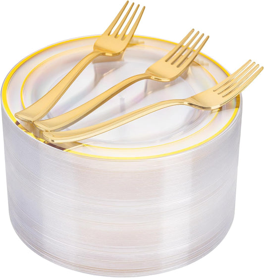 I00000 72 Pcs Clear Plastic Dessert Plates 7.5" & 72 Pcs Gold Disposable Forks 7.4", Clear Small Plates, Fancy Salad Plate,Gold Cake Plate for Party, Occasions, Wedding