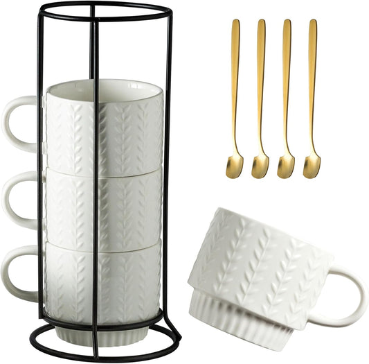 Stackable Coffee Mugs, Coffee Mug Set of 4 with Spoons & Stand, 13oz Espresso Cups for Drinks Latte Cappuccino Tea, Coffee Cup for Housewarming Birthday Gift, Dishwasher Safe, White