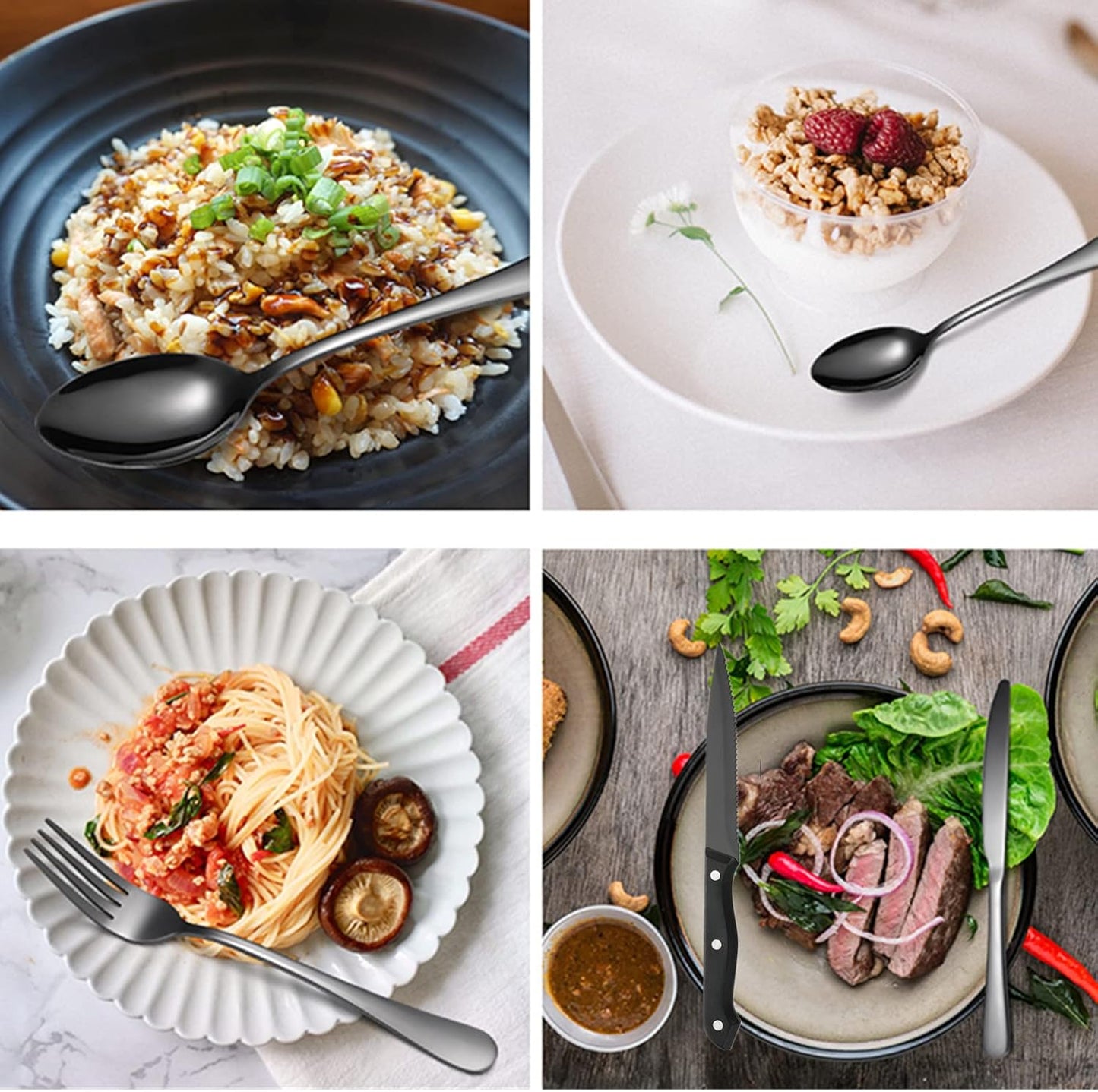 Black Cutlery Set for 4 Silverware Stainless Steel Flatware 24 Piece Fork Spoon Knives Perferct for Parties Restaurant Everyday Kitchen Utensils Mirror Polished