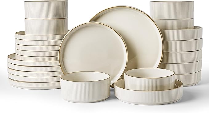 Famiware Star Dinnerware Set with Pasta Bowls, Service for 6 (24 Pieces), Ribbed Stoneware Plates and Double Bowls Sets with Trim - Chip & Scratch Resistant, Microwave & Dishwasher Safe Dishes, White