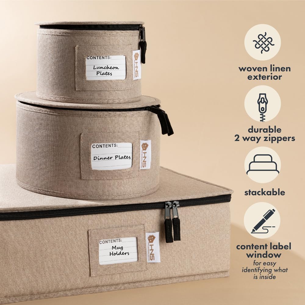 Hard Shell China Storage Containers 5-Piece Set Moving Boxes for Dinnerware, Glasses, Plates, Mugs and Saucers Sturdy Dish Organizer with Dividers for Seasonal Storage - Service for 12 - Brown