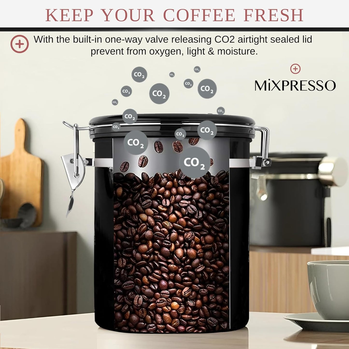 Mixpresso 16 Oz Black Coffee Canister, Stainless Steel Airtight Coffee Container, Air tight Jar Tea Storage with Date Tracker, Vacuum Sealed Espresso Airtight Canister, Sugar Container for Home