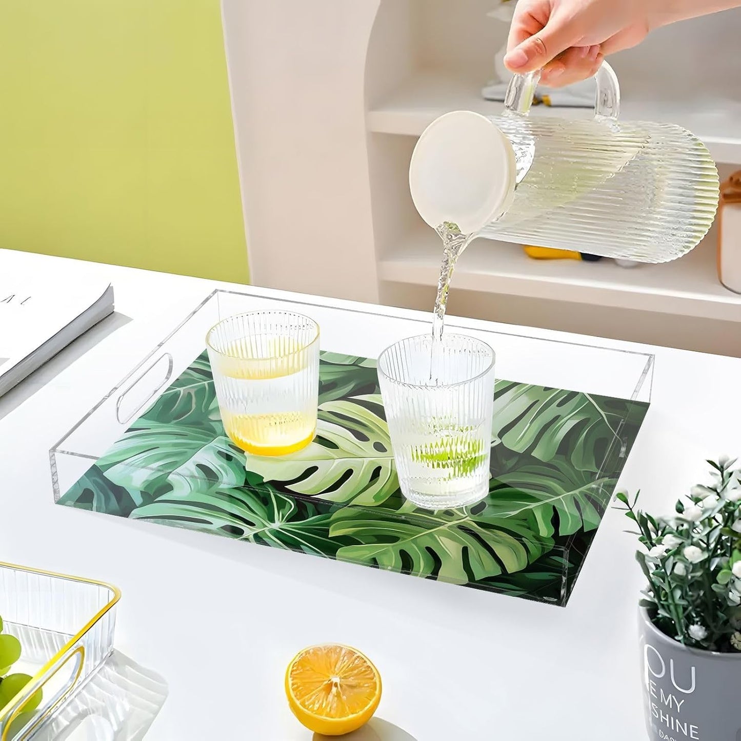 Acrylic Serving Tray with Handles Spill Proof Kitchen Storage Tray Clear Decorative Tray Makeup Drawer Organizer Storage Tray for Bathroom Living Room Ottoman 15.7x11.8Inches