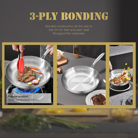 12 Inch Tri-Ply Stainless Steel Frying Pan, Skillet, pan, Induction Cooking Pan, Dishwasher and Oven Safe, Fast & Even Heat, Heavy Duty and Detachable Handle，Fried steak&fried eggs