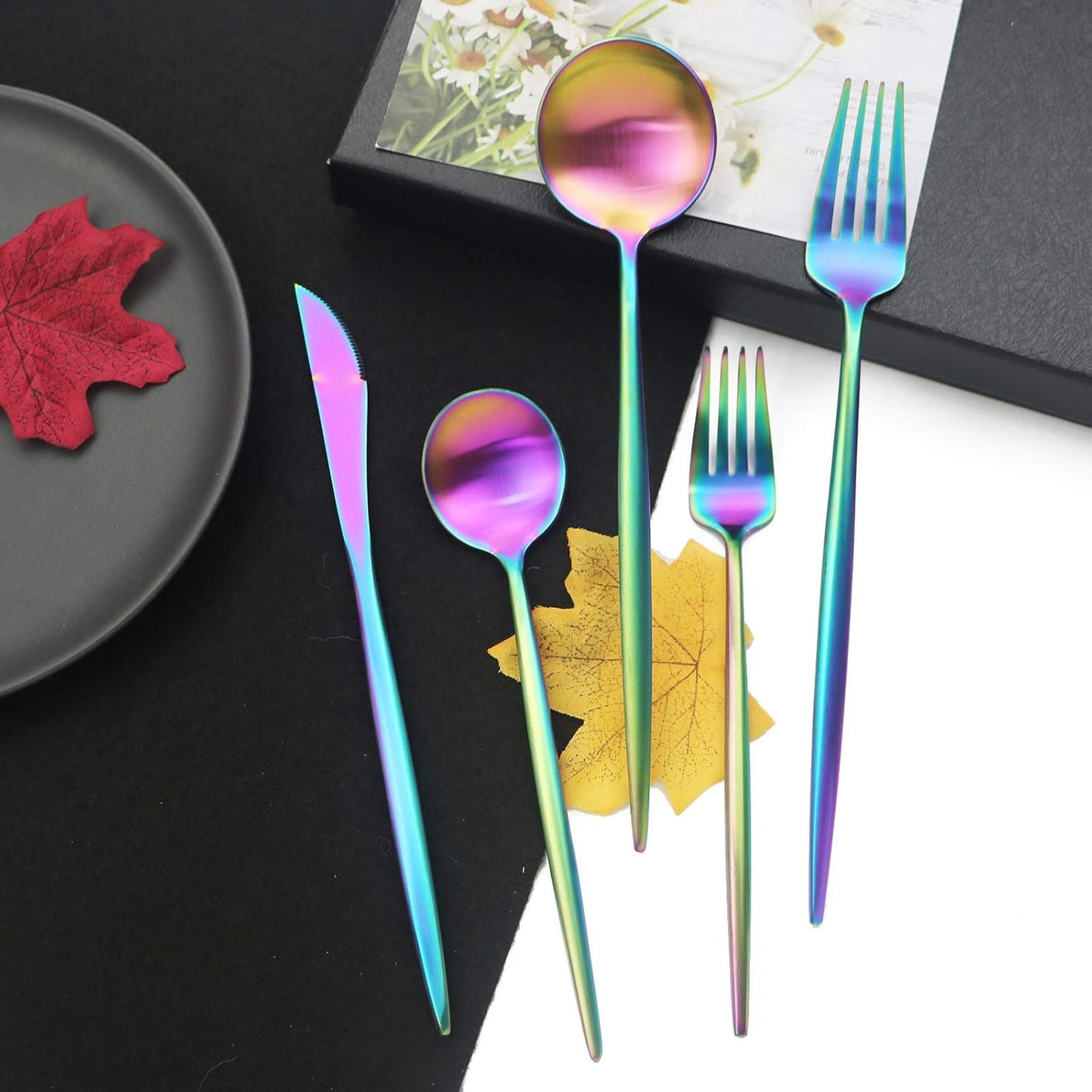 JASHII Luxury 18/10 Rainbow Flatware Silverware Set 304 Stainless Steel Colorful Flatware Cutlery Set| 20-Piece Adaline Royal Modern Satin Finish| BEST Birthday Wedding Gift (Rainbow Matte 4 Sets)