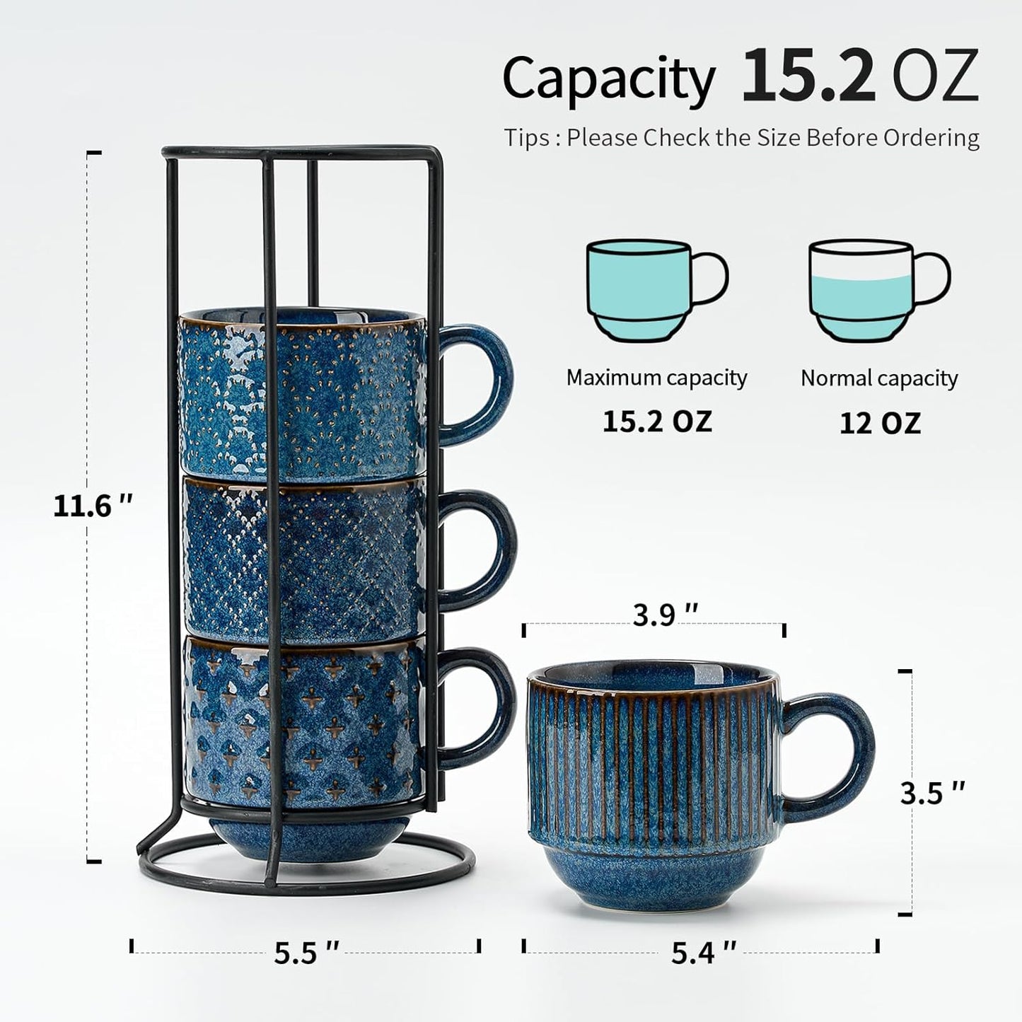 Large Ceramic Coffee Mug Set of 4 with Stand, 15 Oz Stackable Different Embossment Ribbed Latte Cup Set for Cappuccino, Tea, Hot Cocoa, Drinks - Dishwasher & Microwave Safe, Blue