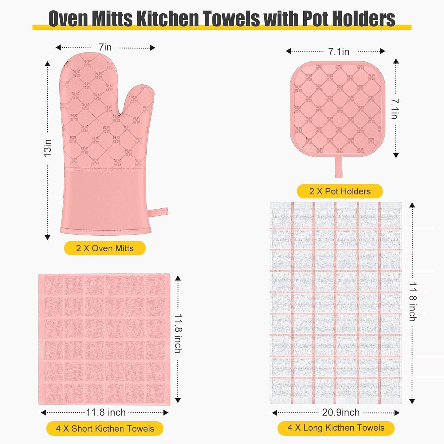 Oven Mitts Kitchen Towels Dishcloths with Pot Holders Sets 12PCS, Dish Towels Sets, Oven Gloves Pot Pads Heat Resistant 500 Degrees with Non-Slip Silicone Surface for Cooking Baking Grilling-Pink