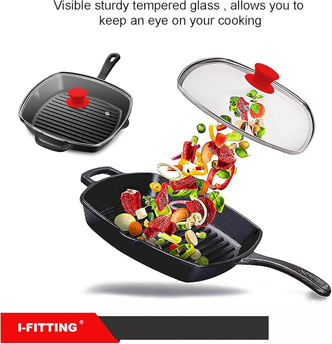 Square Glass Lid for Grill Pans with Steam Vent Hole - Fits Lodge Cast Iron Skillets 10.5inch/26.67cm Silicone Potholder- Square Tempered Glass Lid - Universal Replacement Cover Silicone Knob