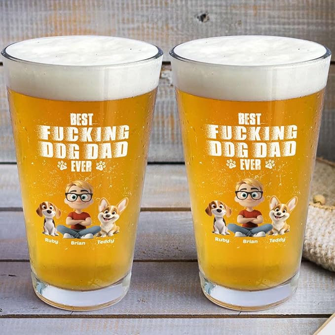 Wrappiness Best Mom Dad Logo Personalized Custom Beer Glass - 16oz Glassware for Beer Soda Cocktails - Gift for Dog Lovers, Father's Day, Birthday Gift for Parents (B06, 3 Dogs)