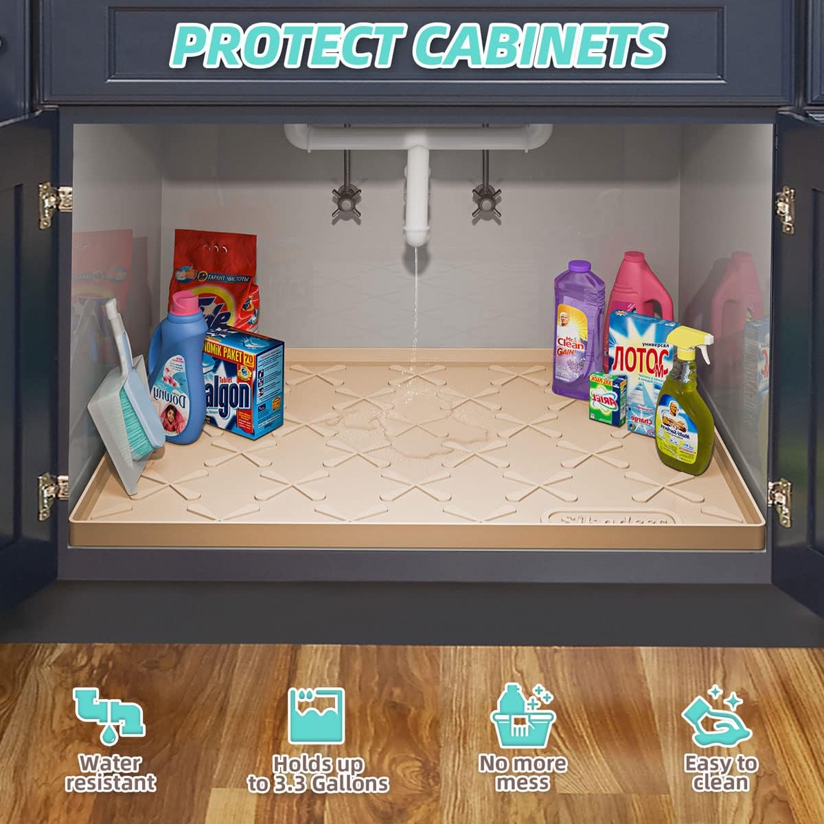 SIKADEER 34" x 22" Under Sink Mat Waterproof, Silicone Mat Kitchen Drawer Shelf and Cabinet Liner, Sink Protector for Kitchen Organizers and Storage, Boot Tray Pet Food Mats