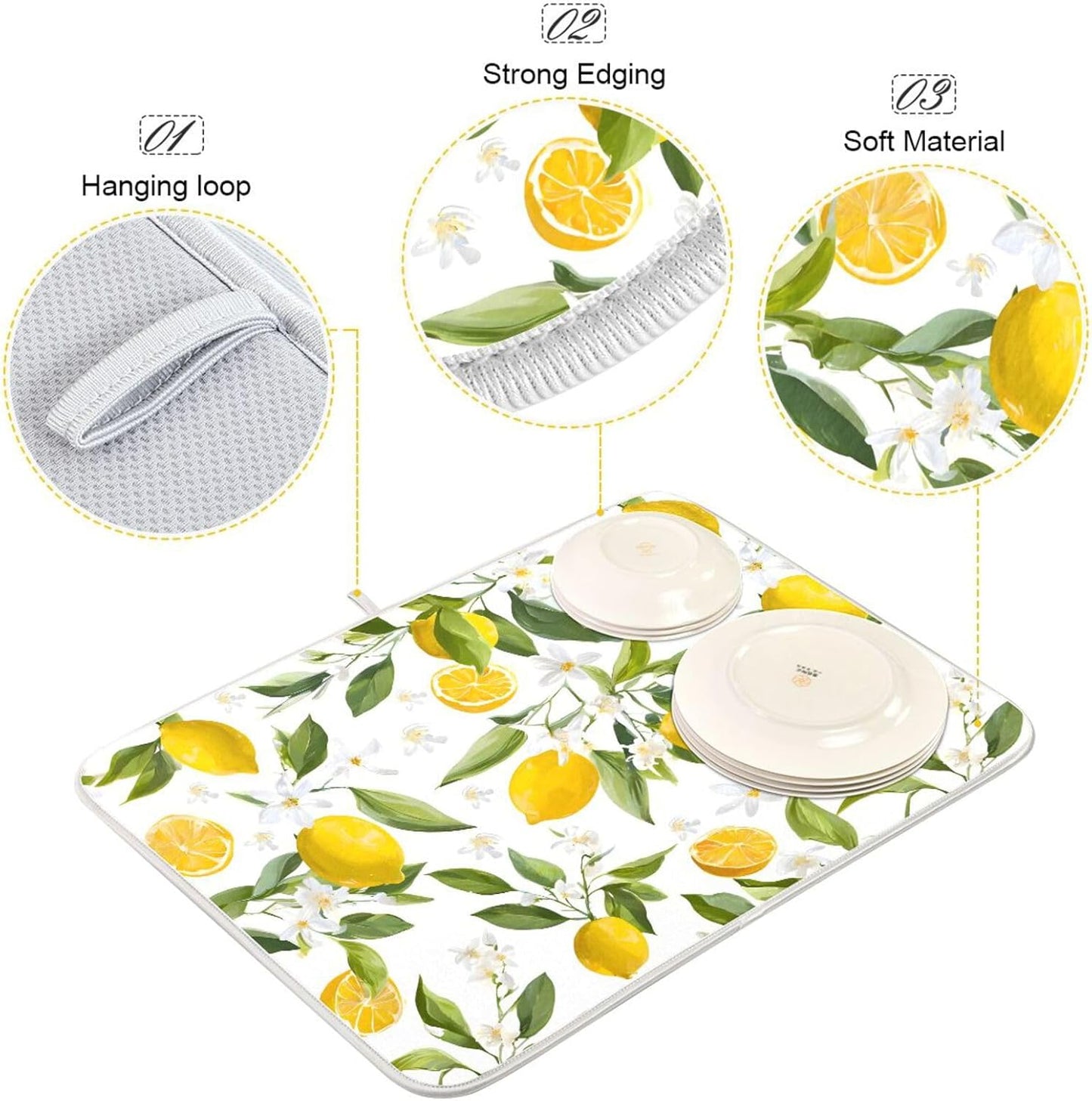 Lemon Leaf Dish Drying Mat for Kitchen Counter Absorbent Dish Drainer Mats Drying Pads 16"x18"