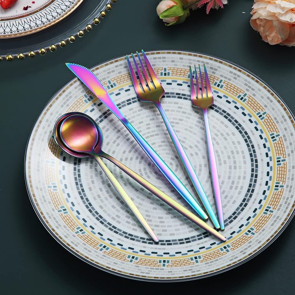 Matte Rainbow Flatware Set 40 Pieces, Stainless Steel Colorful Silverware Set, Titanium Plating Matte Rainbow Cutlery Set, Matte Rainbow Utensil Sets, Service Set for 8 (Matte Rainbow)