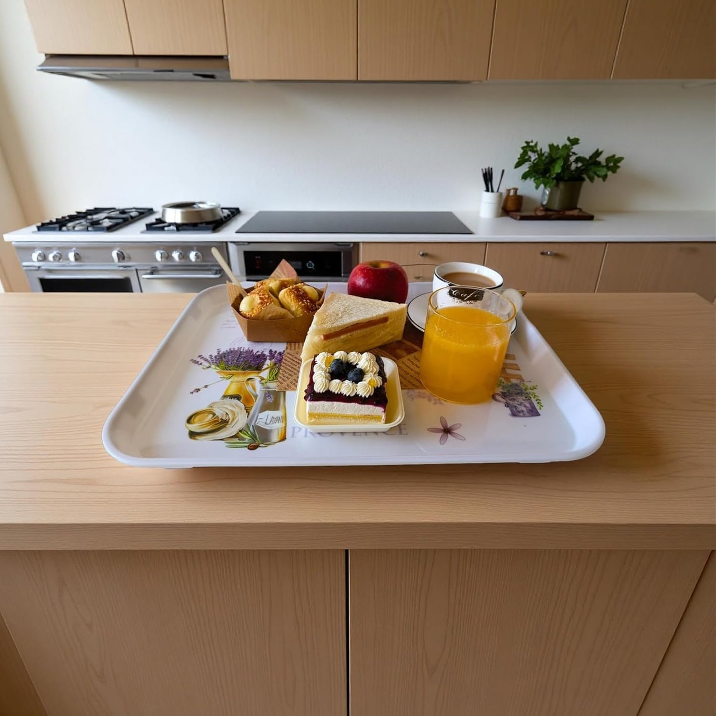 Large Serving Platter Melamine Trays 2 Pack Stackable Food Tray with Floral Print for Gift, Party, Decor, Home, Restaurant (Purple Lavender, Large)