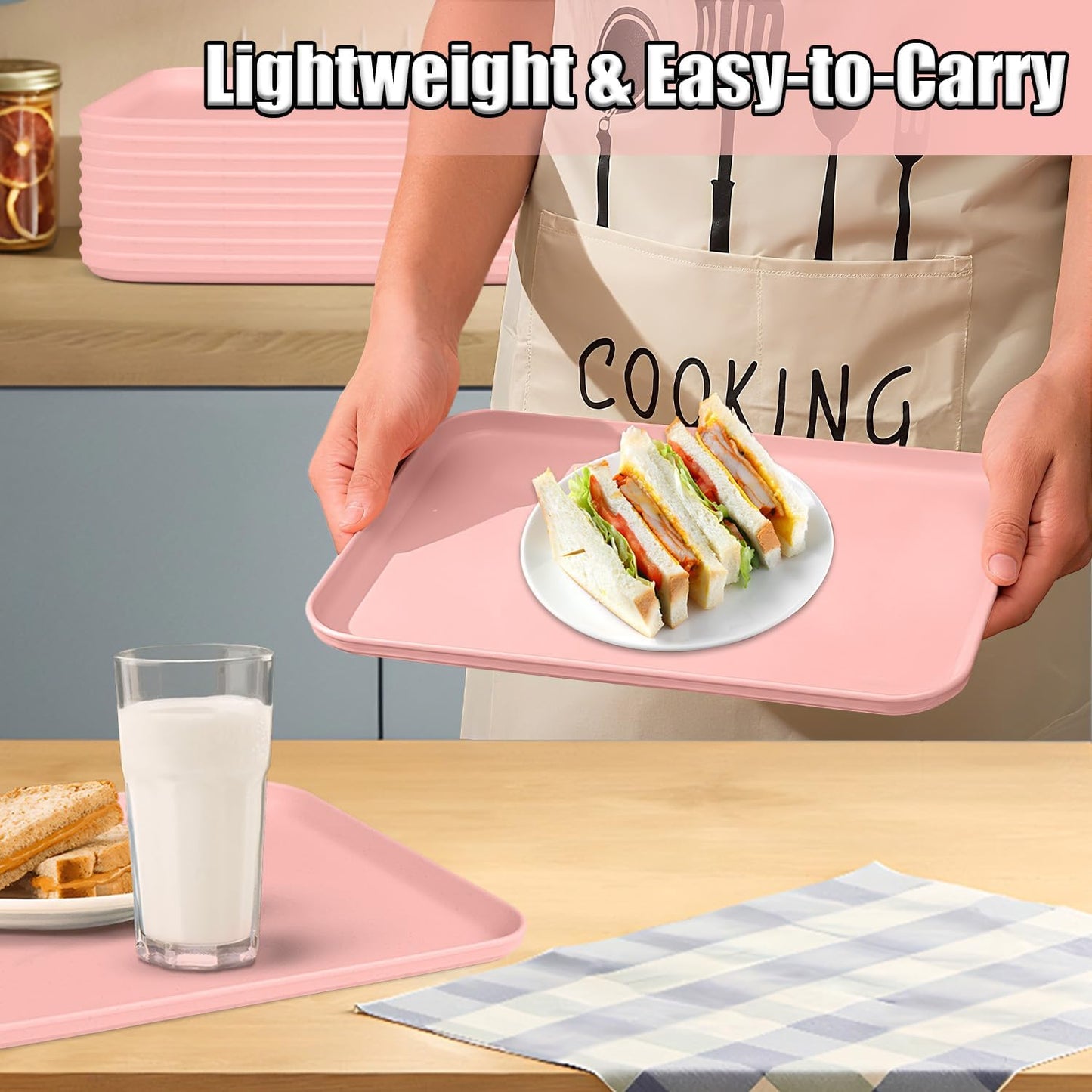 Plastic Serving Trays, 12 Pack Cafeteria Trays Plastic Fast Food Tray for DIY Projects, Painting, Beads, Organizing Supply, 9.4 X 6.7 X 0.6 Inches (Light Pink)